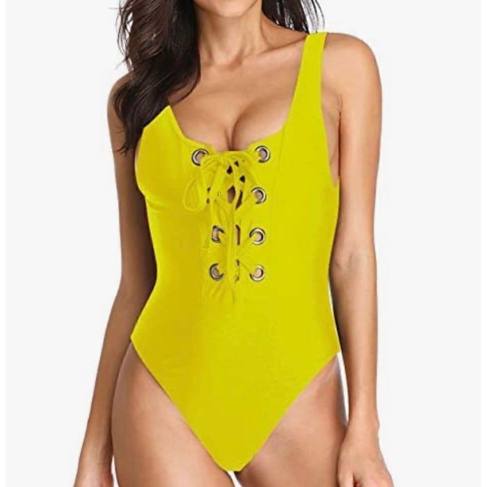 Dixperfect Women's Scoop Neck Lace Up High Cut Cheeky One Piece Swimwear Bathing
